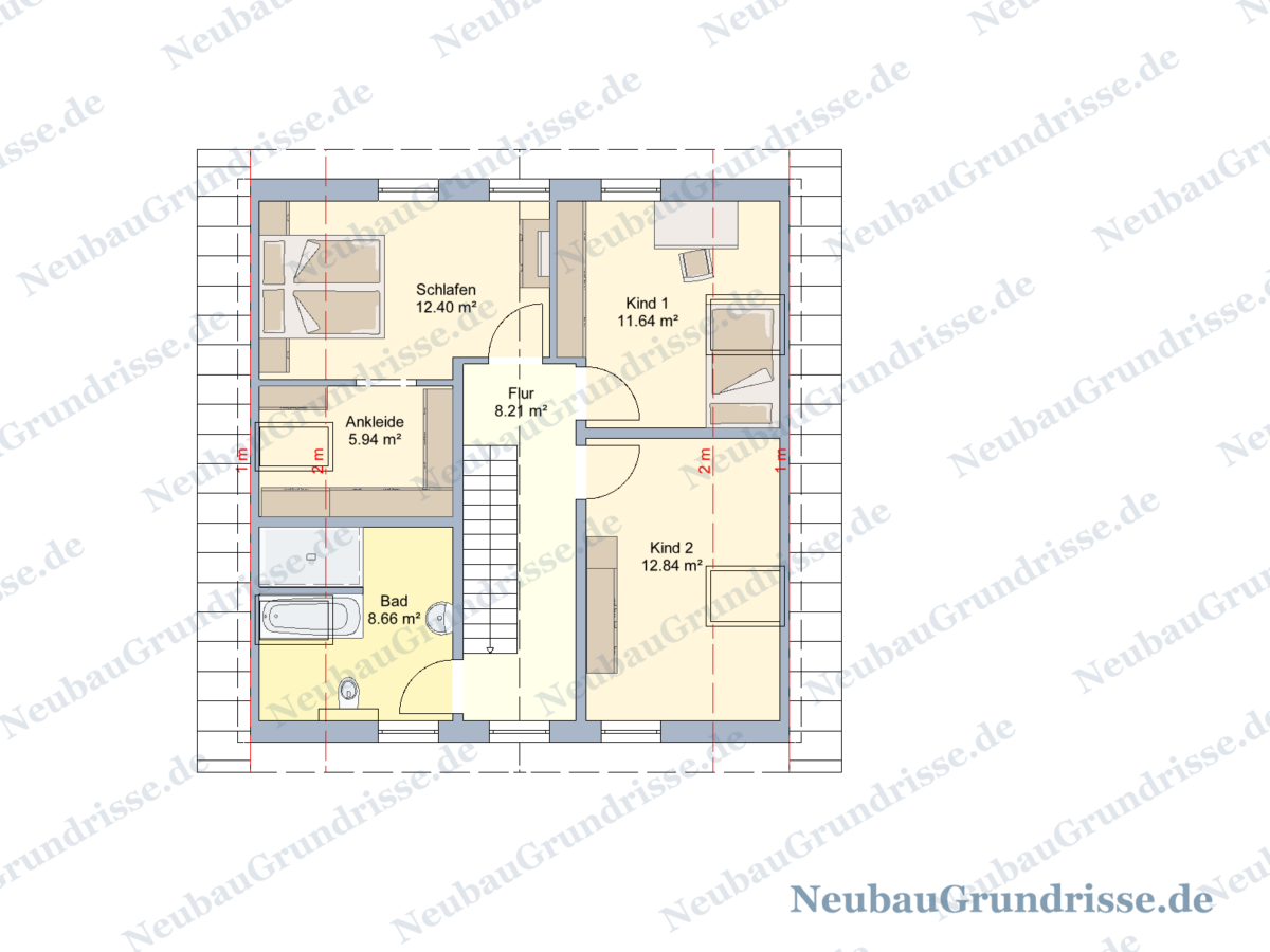 Satteldachhaus 131 m² mit 1 m Kniestock - Grundriss Obergeschoss
