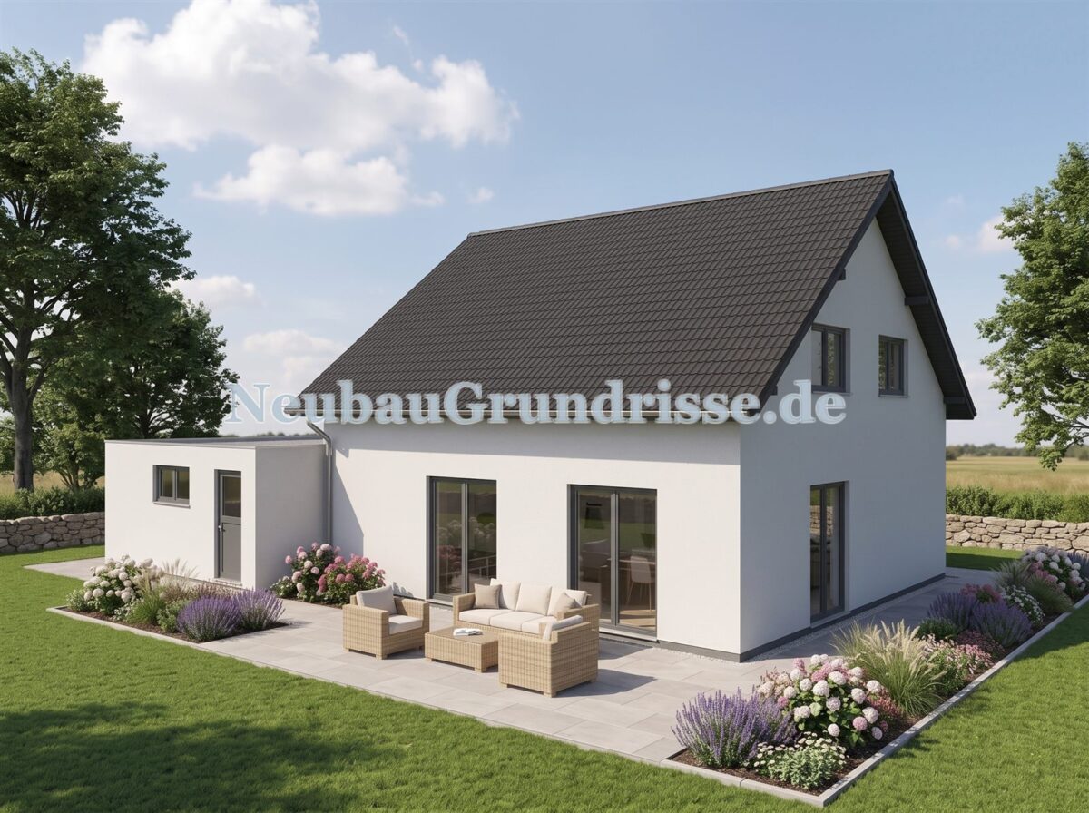 Satteldachhaus 155 m² mit 1 m Kniestock - Gartenseite mit Terrasse