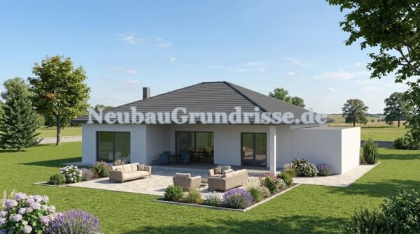 Bungalow 121 m² mit Walmdach - Gartenseite mit Terrasse