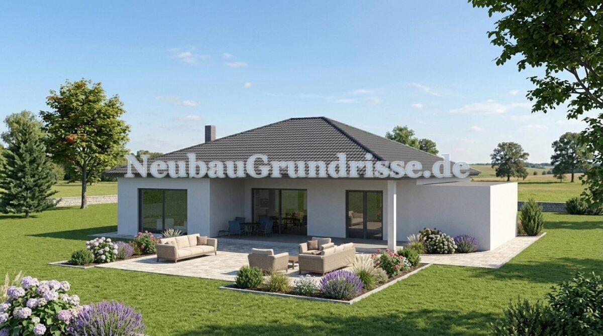 Bungalow 121 m² mit Walmdach - Gartenseite mit Terrasse Bungalow 121 m² mit Walmdach - Gartenseite mit Terrasse