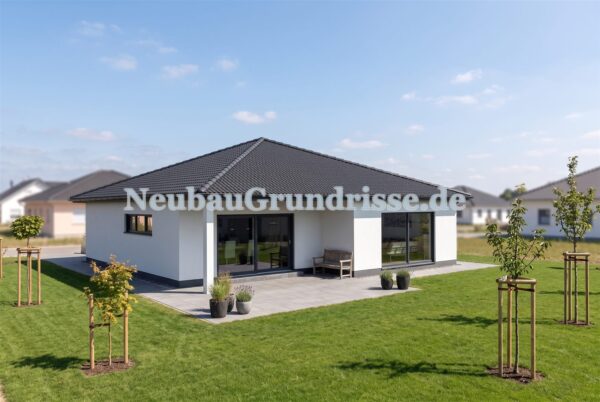Bungalow 140 m² mit Walmdach - Gartenseite mit Terrasse Bungalow 140 m² mit Walmdach - Gartenseite mit Terrasse