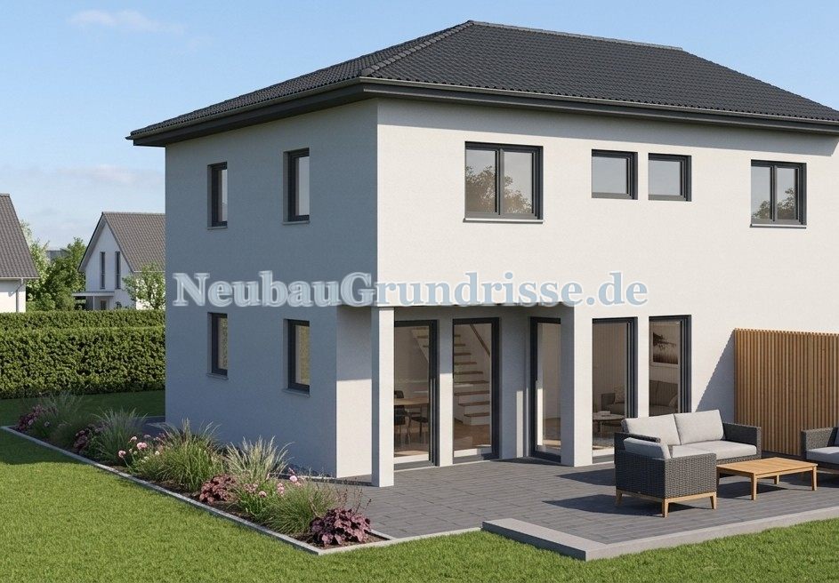 Doppelhaushälfte 145 m² mit Walmdach - Gartenseite mit Terrasse
