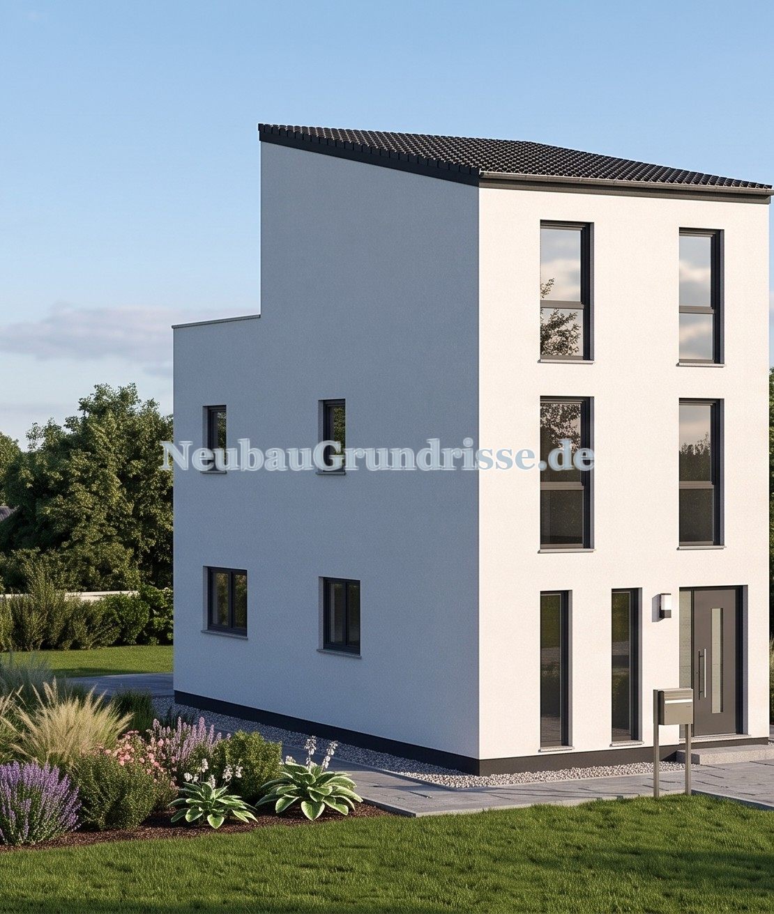 Pultdachhaus 131 m² - Eingangsseite mit Haustür