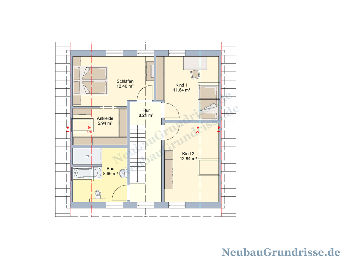 Satteldachhaus 131 m² mit 1 m Kniestock - Grundriss Obergeschoss