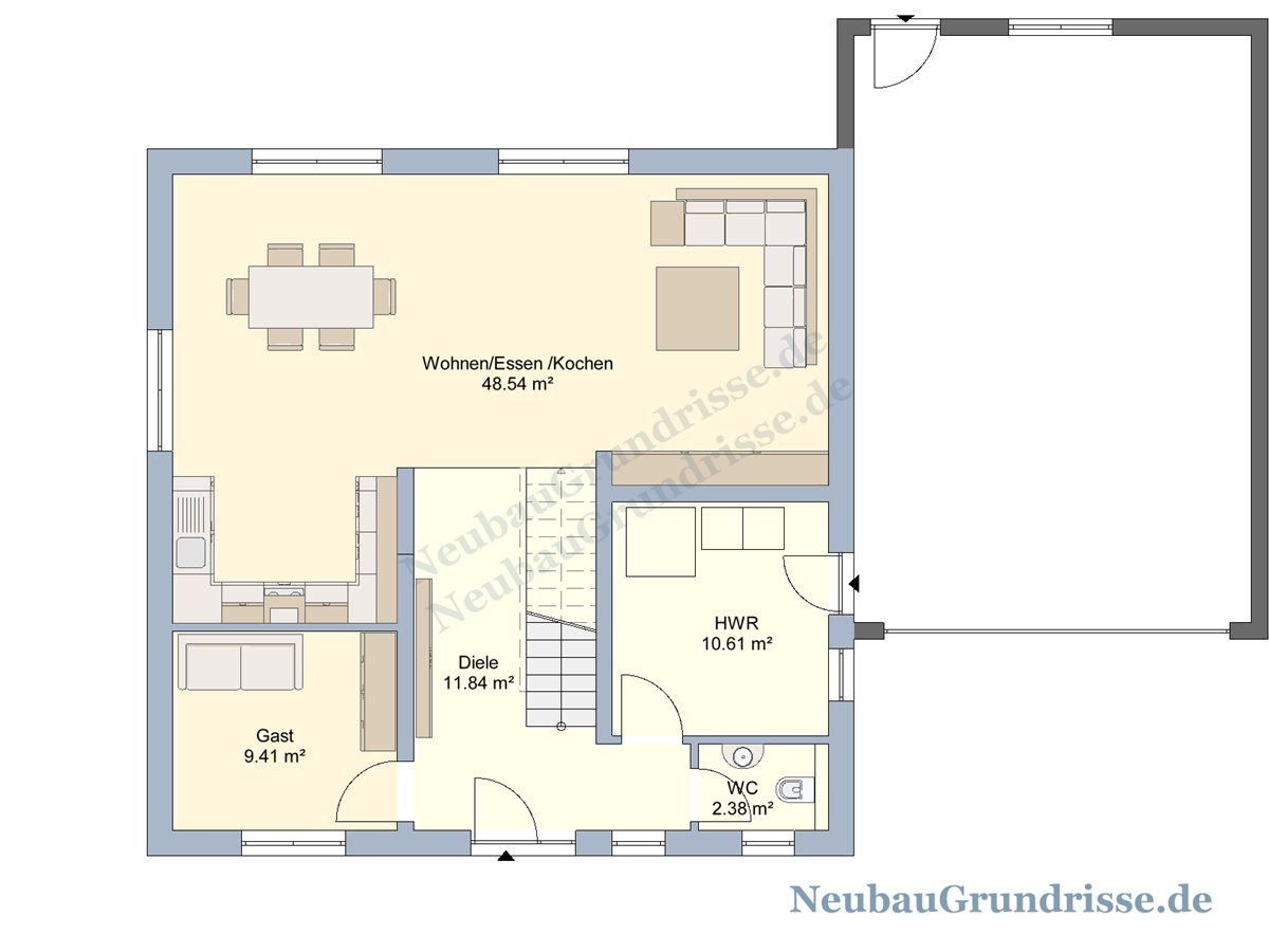 Satteldachhaus 155 m² mit 1 m Kniestock - Grundriss Erdgeschoss Satteldachhaus 155 m² mit 1 m Kniestock - Grundriss Erdgeschoss