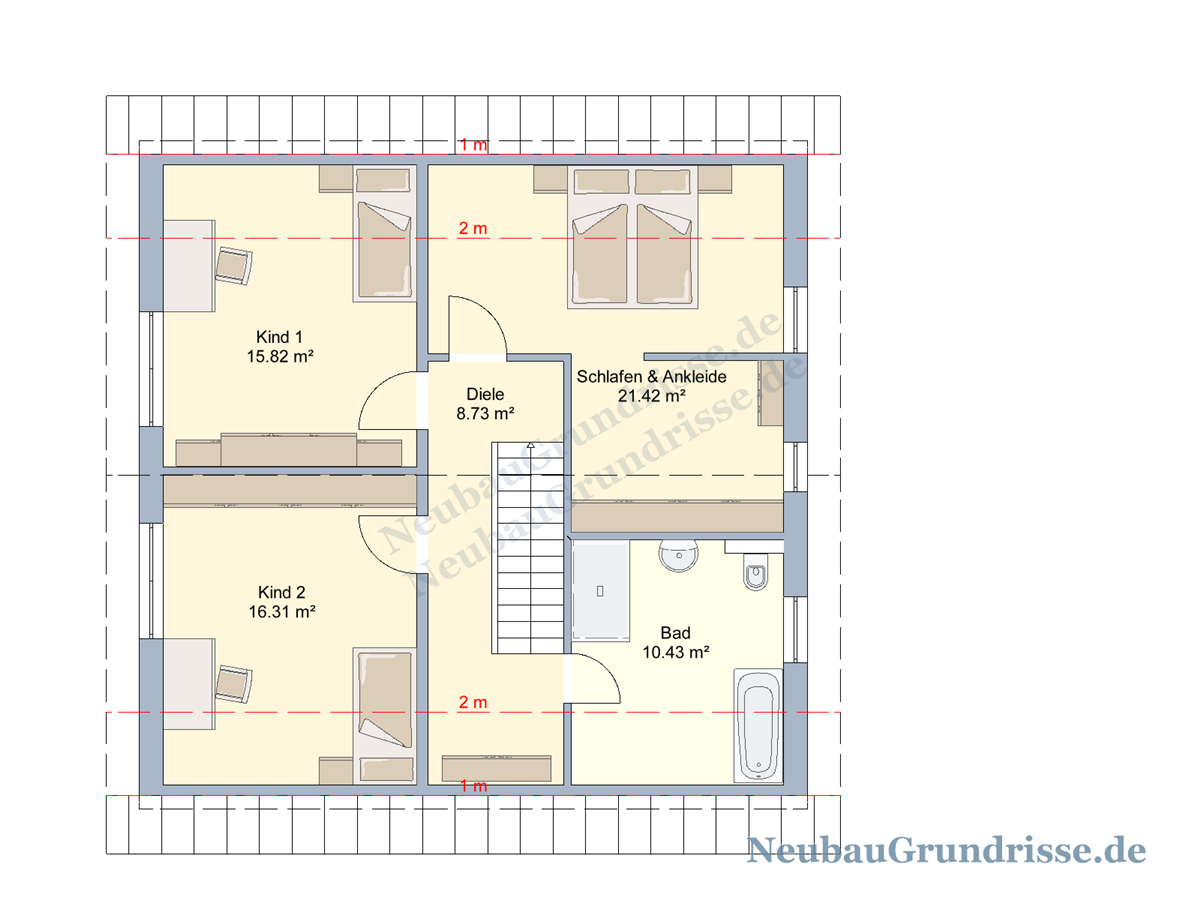 Satteldachhaus 155 m² mit 1 m Kniestock - Grundriss Obergeschoss Satteldachhaus 155 m² mit 1 m Kniestock - Grundriss Obergeschoss