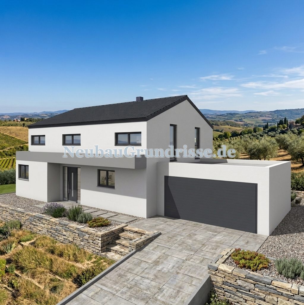 Satteldachhaus 174 m² mit 2,25 m Kniestock - Eingangsseite mit Haustür Satteldachhaus 174 m² mit 2,25 m Kniestock - Eingangsseite mit Haustür