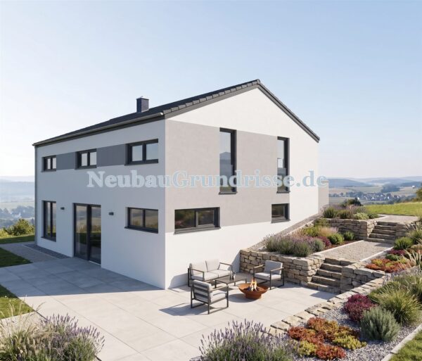 Satteldachhaus 174 m² mit 2,25 m Kniestock - Gartenseite mit Terrasse Satteldachhaus 174 m² mit 2,25 m Kniestock - Gartenseite mit Terrasse