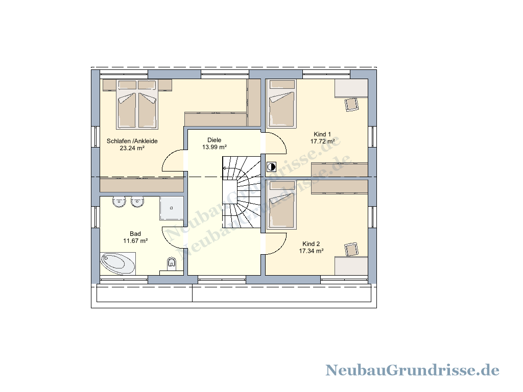 Satteldachhaus 174 m² mit 2,25 m Kniestock - Grundriss Obergeschoss Satteldachhaus 174 m² mit 2,25 m Kniestock - Grundriss Obergeschoss