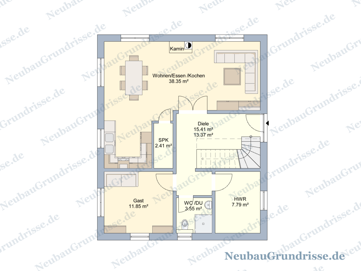 Stadtvilla 150 m² mit Satteldach - Grundriss Erdgeschoss