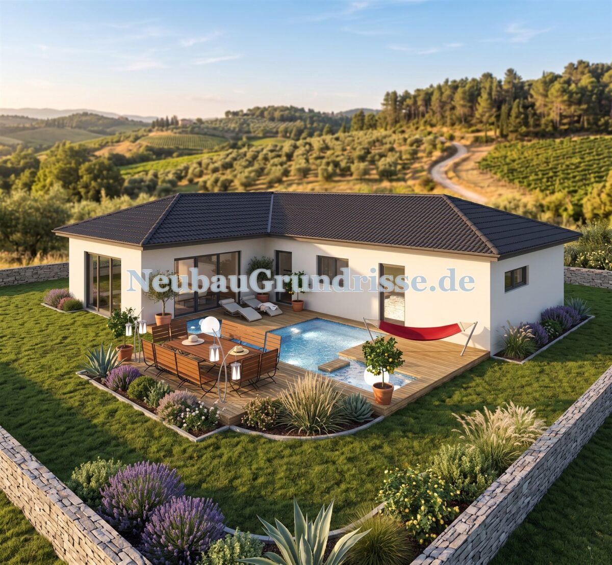 Bungalow 101 m² mit Walmdach - Eingangsseite mit Haustür