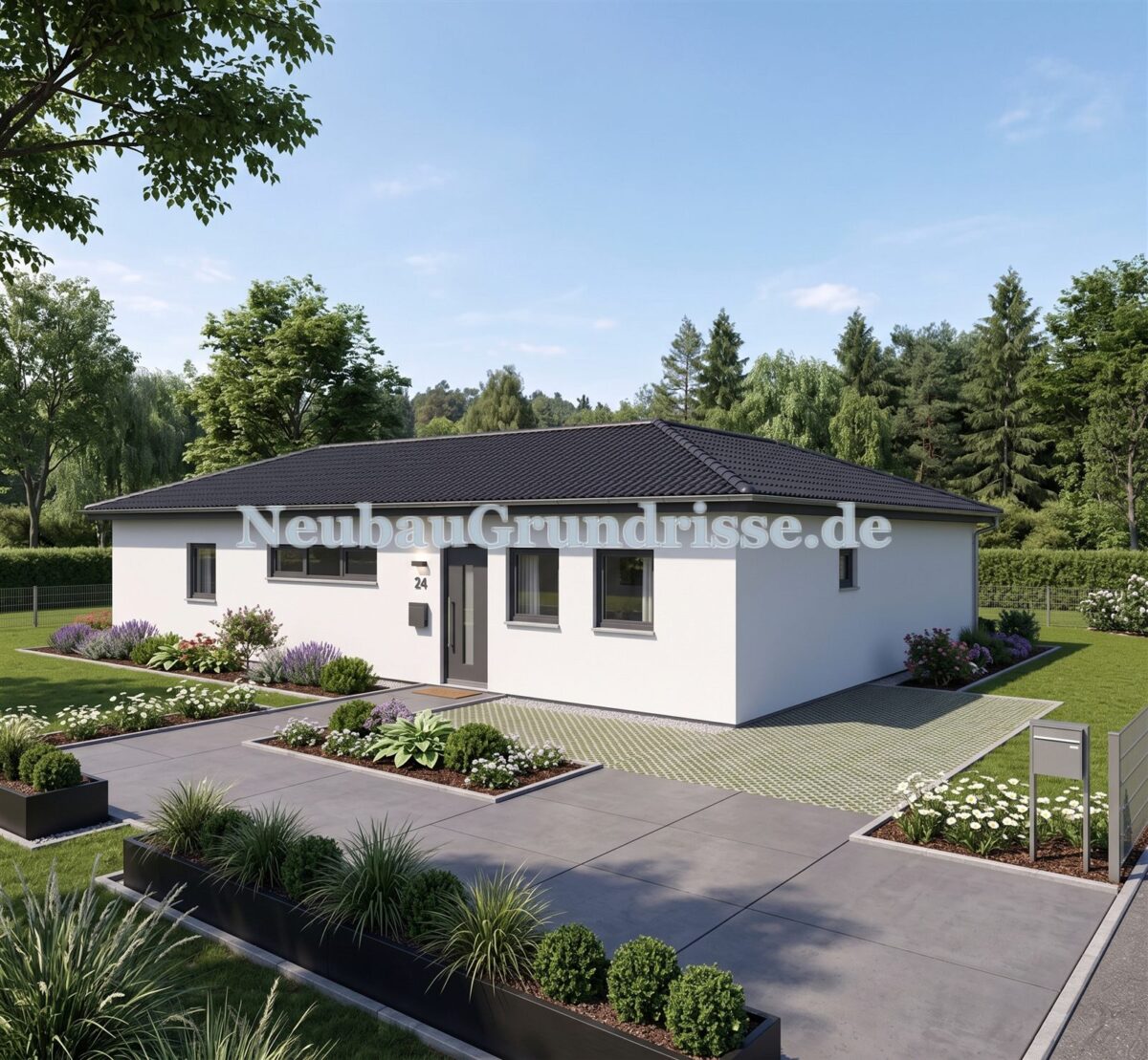Bungalow 101 m² mit Walmdach - Gartenseite mit Terrasse