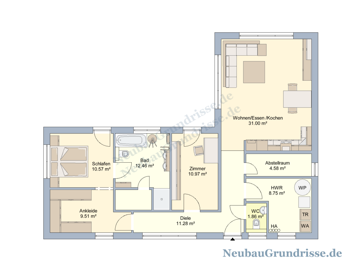 Bungalow 101 m² mit Walmdach - Grundriss Erdgeschoss