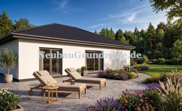Bungalow 126 m² mit Walmdach - Gartenseite mit Terrasse Bungalow 126 m² mit Walmdach - Gartenseite mit Terrasse