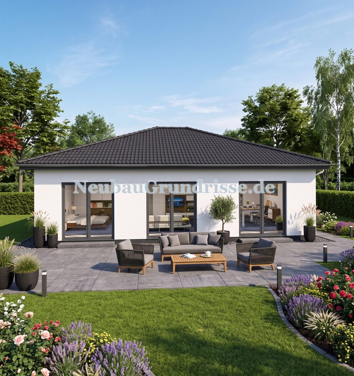 Bungalow 90 m² mit Walmdach - Eingangsseite mit Haustür