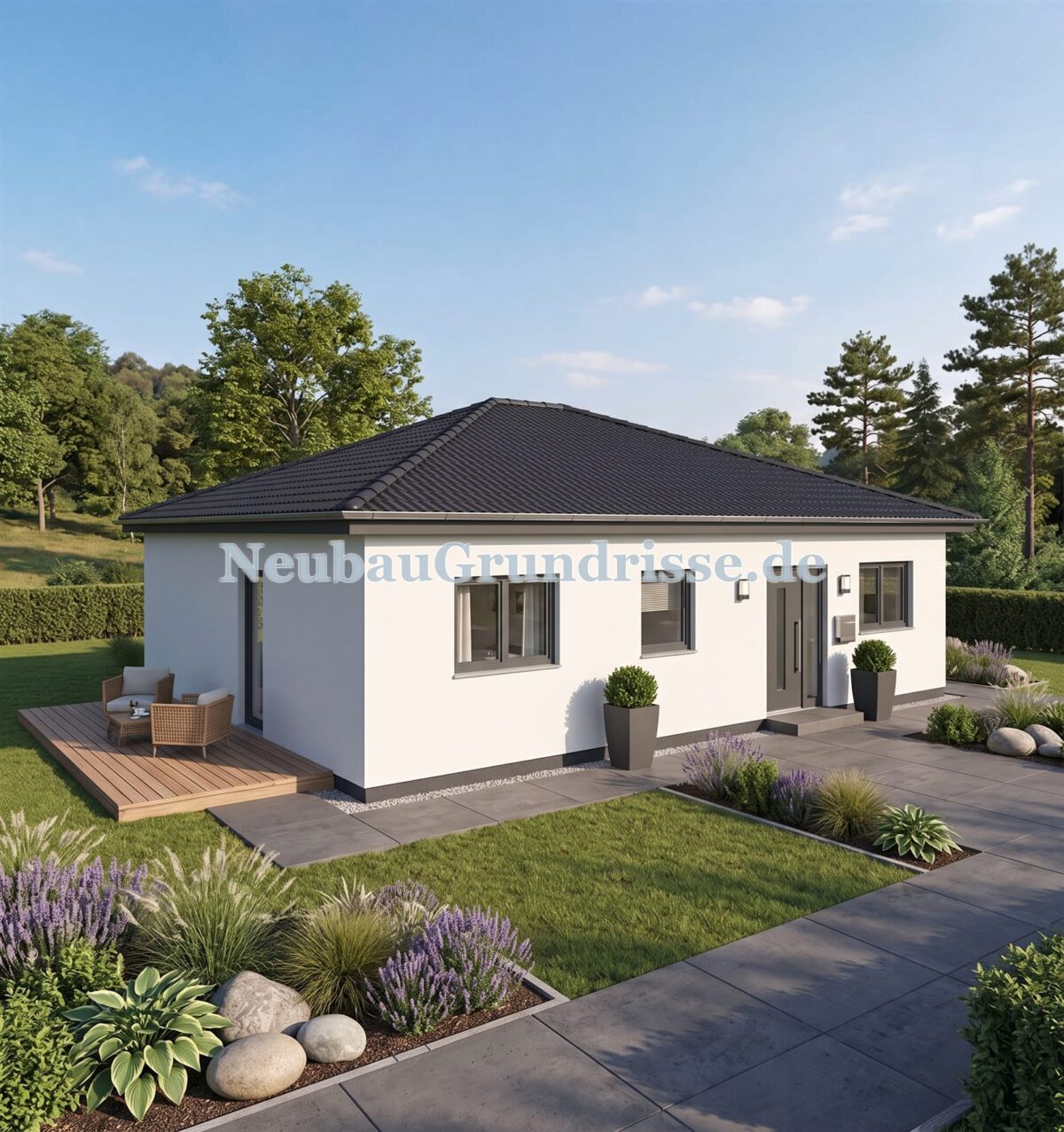 Bungalow 90 m² mit Walmdach - Gartenseite mit Terrasse
