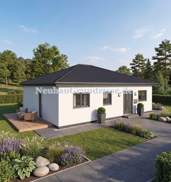 Bungalow 90 m² mit Walmdach - Gartenseite mit Terrasse Bungalow 90 m² mit Walmdach - Gartenseite mit Terrasse