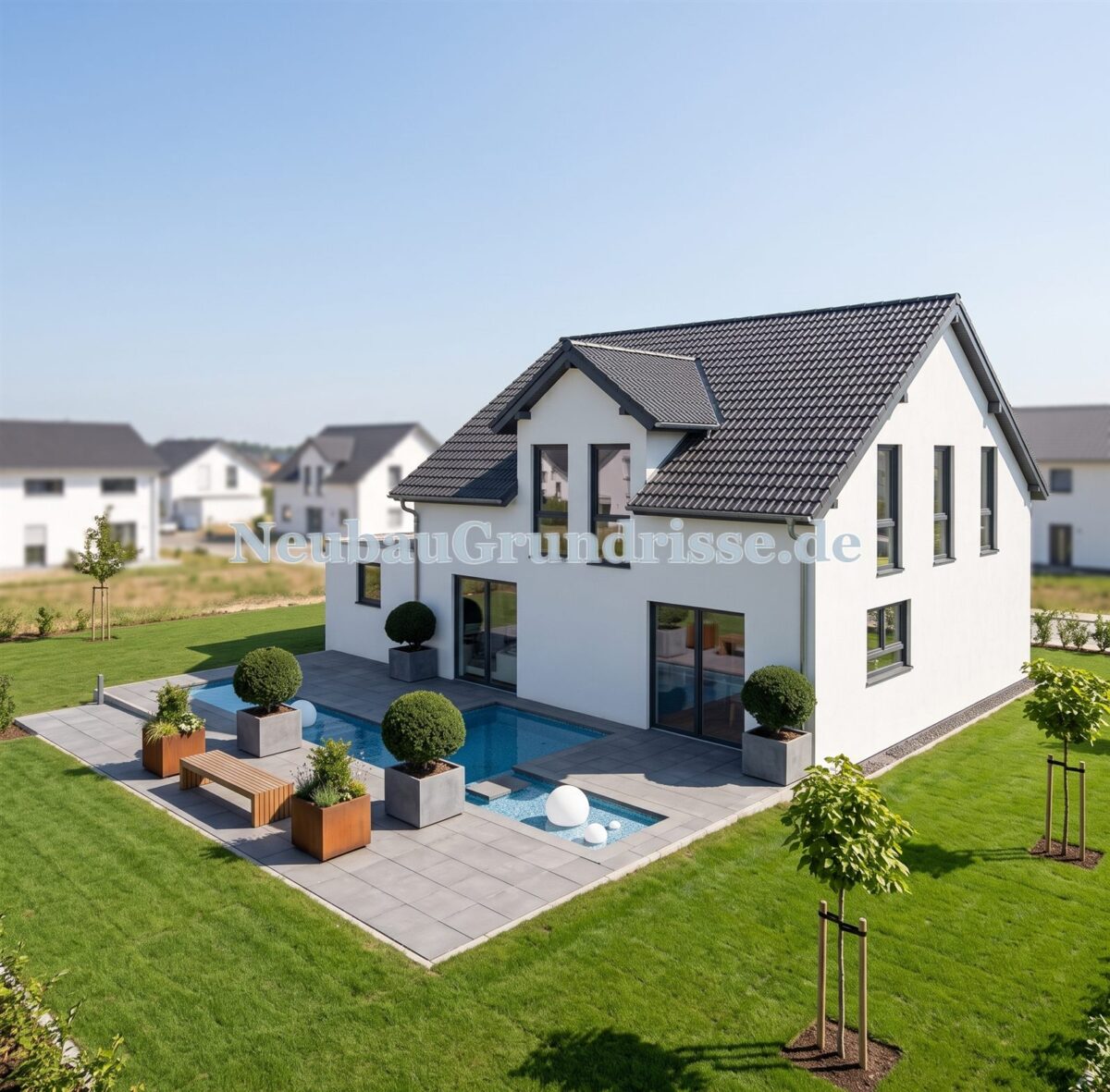 Satteldachhaus 141 m² mit 1.25 m Kniestock - Eingangsseite mit Haustür Satteldachhaus 141 m² mit 1.25 m Kniestock - Eingangsseite mit Haustür