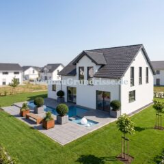 Satteldachhaus 141 m² mit 1.25 m Kniestock - Eingangsseite mit Haustür Satteldachhaus 141 m² mit 1.25 m Kniestock - Eingangsseite mit Haustür