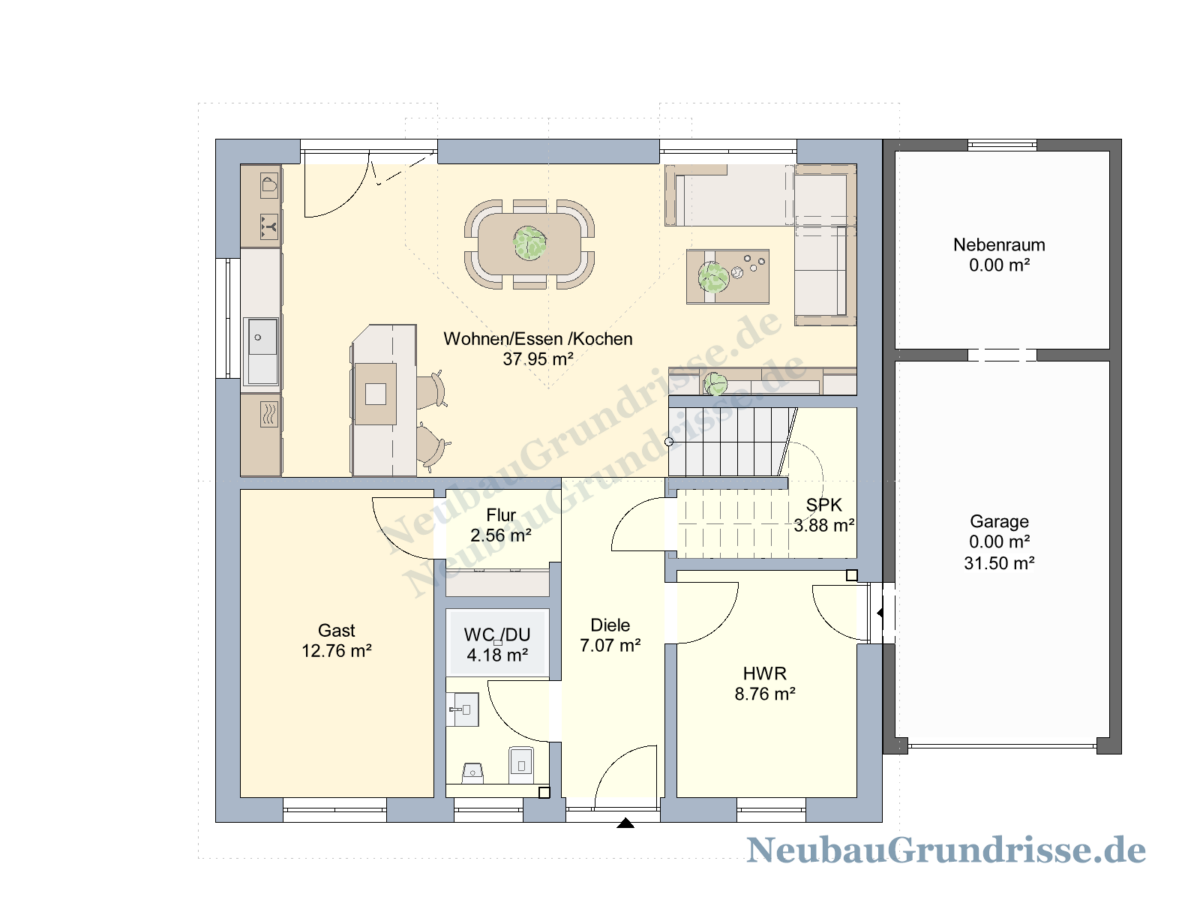Satteldachhaus 141 m² mit 1.25 m Kniestock - Grundriss Erdgeschoss Satteldachhaus 141 m² mit 1.25 m Kniestock - Grundriss Erdgeschoss