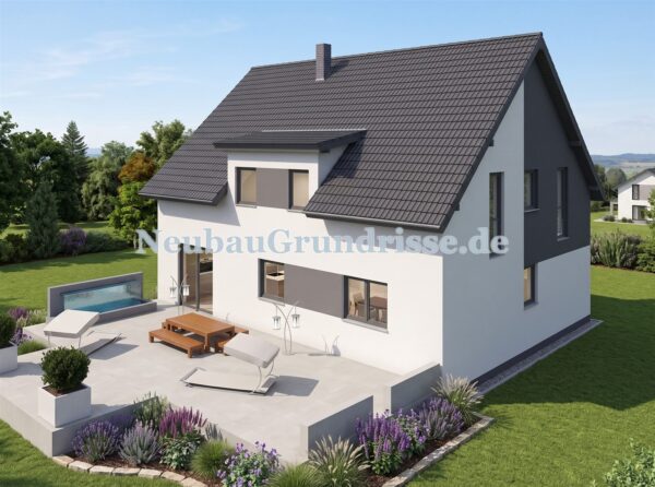 Satteldachhaus 190 m² mit 1.5 m Kniestock - Gartenseite mit Terrasse