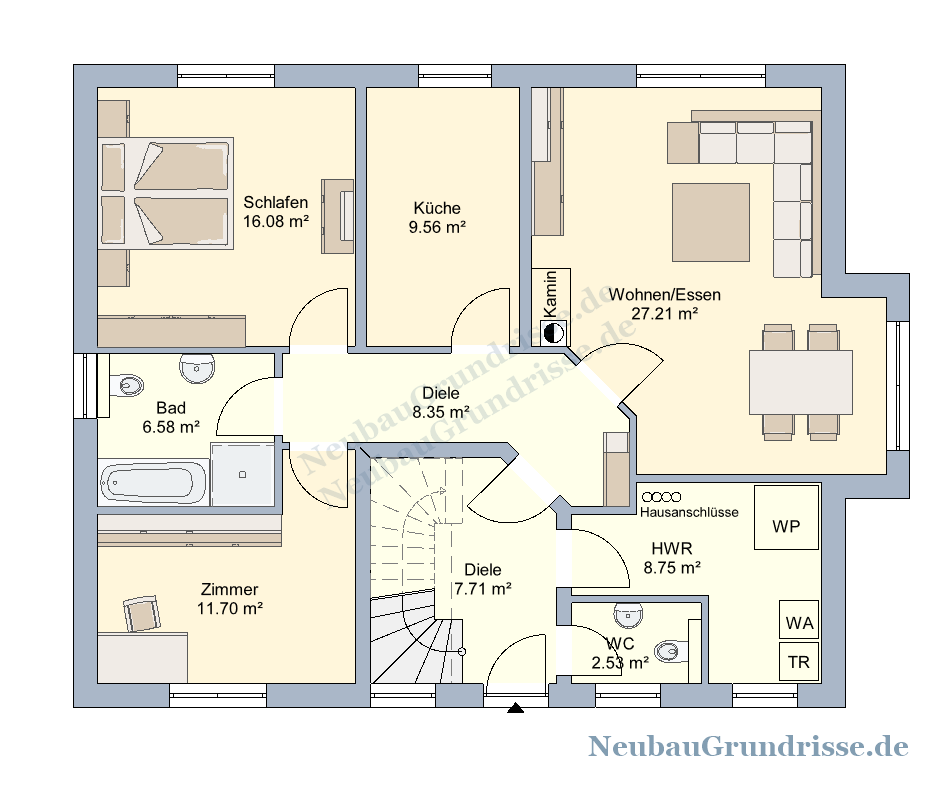 Satteldachhaus 190 m² mit 1.5 m Kniestock - Grundriss Erdgeschoss
