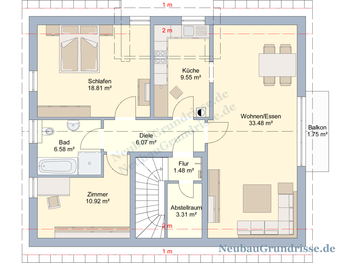 Satteldachhaus 190 m² mit 1.5 m Kniestock - Grundriss Obergeschoss