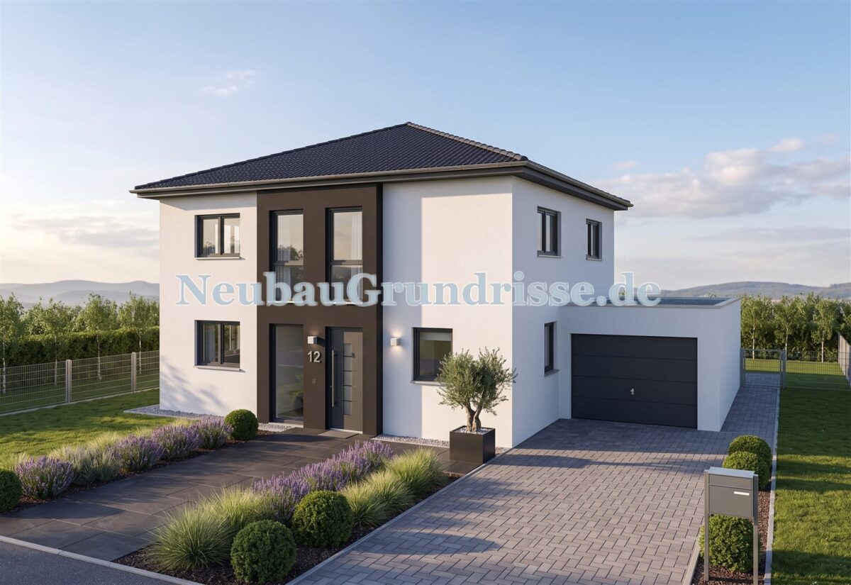 Stadtvilla 160 m² mit Walmdach - Eingangsseite mit Haustür Stadtvilla 160 m² mit Walmdach - Eingangsseite mit Haustür