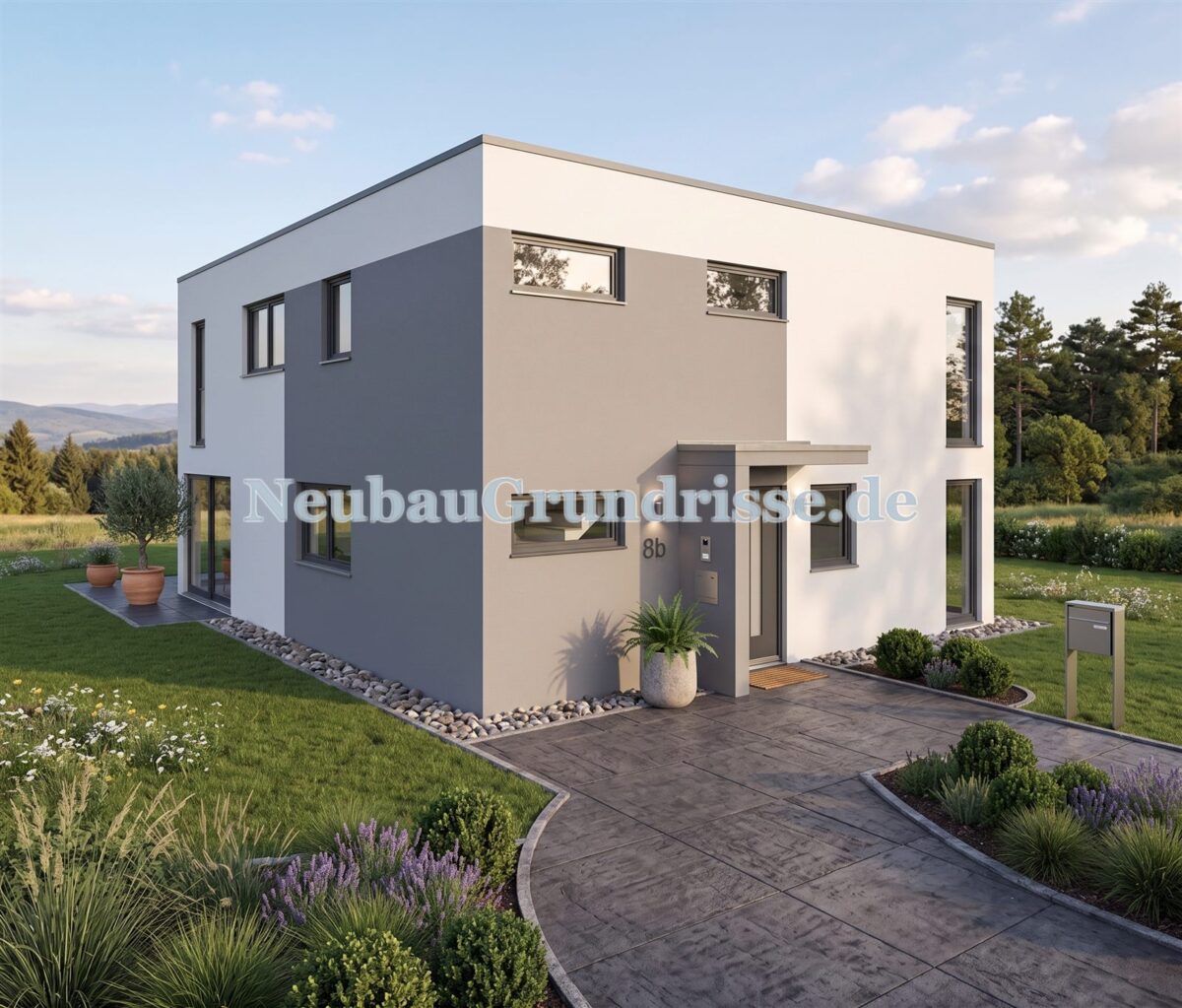 Stadtvilla 180 m² mit Flachdach - Eingangsseite mit Haustür Stadtvilla 180 m² mit Flachdach - Eingangsseite mit Haustür