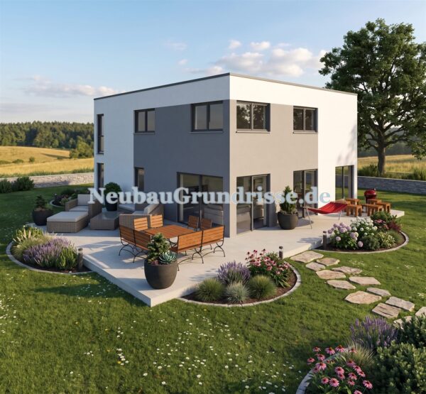 Stadtvilla 180 m² mit Flachdach - Gartenseite mit Terrasse